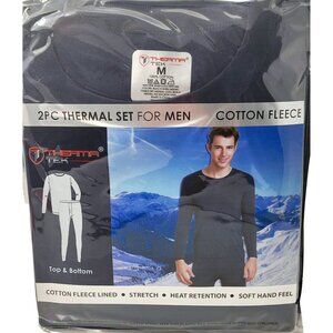 Men Thermal Long Johns Warm Underwear Set, 100% Cotton Fleece, Navy Blue
